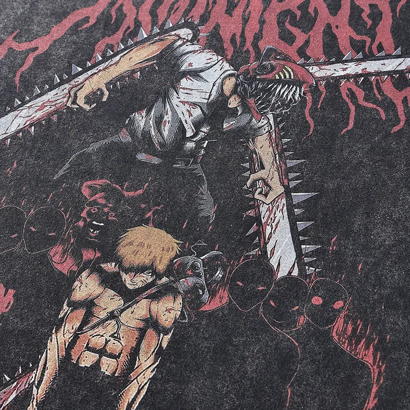 Hot Anime Graphic T-shirt Chainsaw Man Vintage Washed Tshirt Men Oversized Hip Hop Streetwear Summer Harajuku Tops Cotton Tees